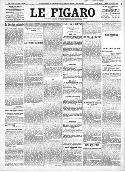 La prima pagina de Le Figaro del 20 ottobre 1914