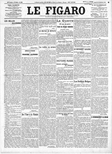 La prima pagina de Le Figaro del 22 ottobre 1914