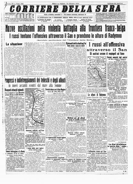La prima pagina del Corriere della Sera del 24 ottobre 1914
