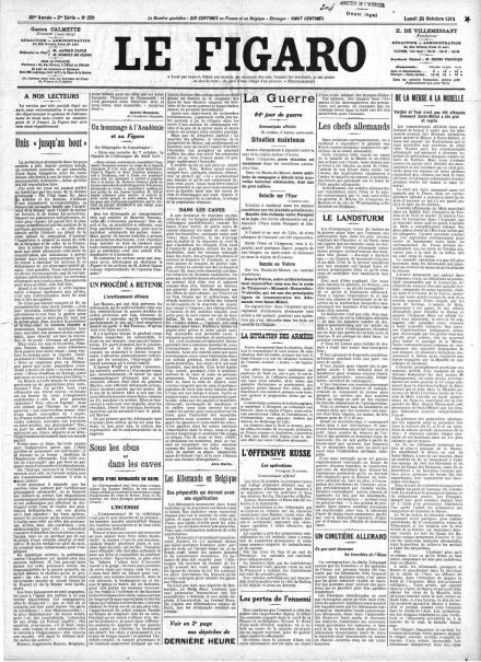 La prima pagina de le Figaro del 26 ottobre 1914