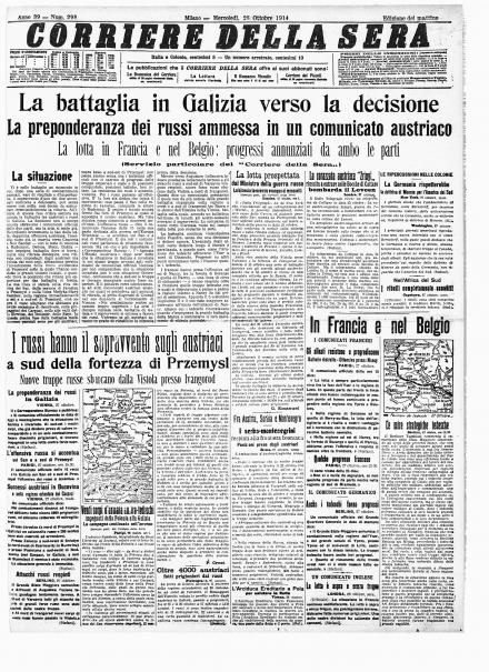 La prima pagina del Corriere della Sera del 28 ottobre 1914