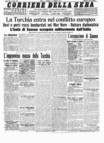 La prima pagina del Corriere della Sera del 31 ottobre 1914