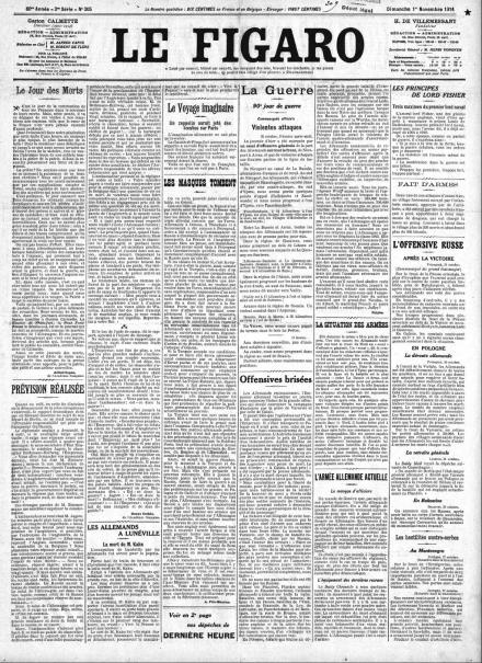 La prima pagina de Le Figaro dell'1 novembre 1914