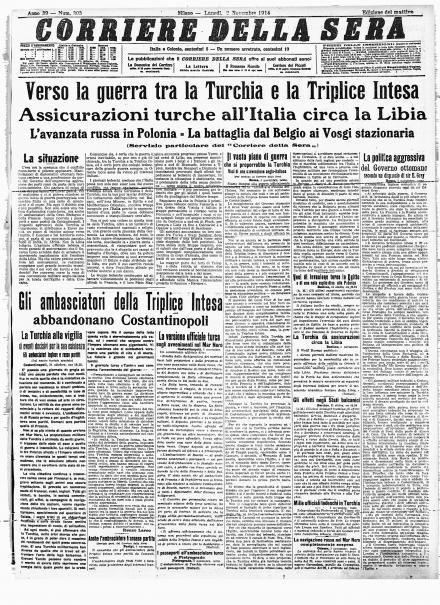 La prima pagina del Corriere della Sera del 2 novembre 1914