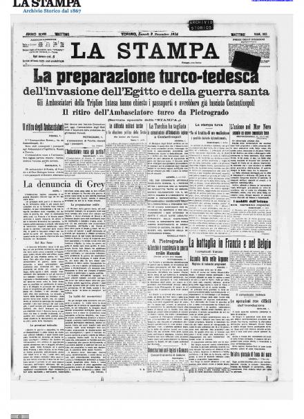 La prima pagina de La Stampa del 2 novembre 1914