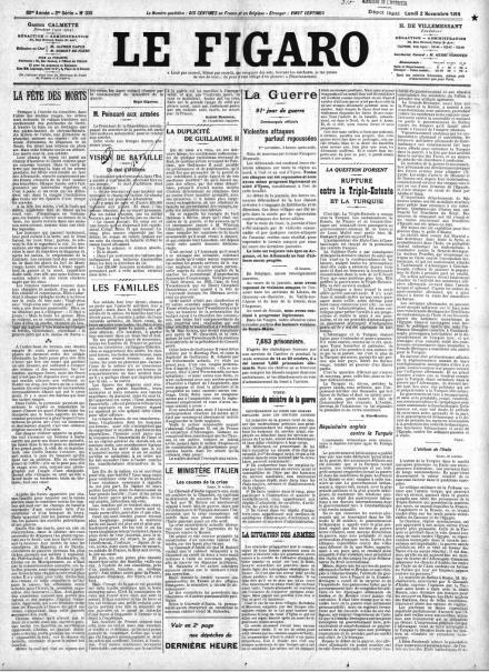 La prima pagina de Le Figaro del 2 novembre 1914
