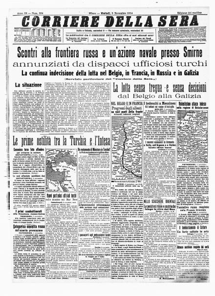 La prima pagina del Corriere della Sera del 3 novembre 1914