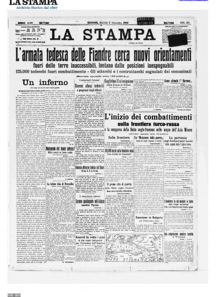 La prima pagina de La Stampa del 3 novembre 1914