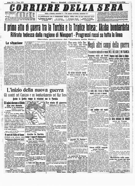La prima pagina del Corriere della Sera del 4 novembre 1914