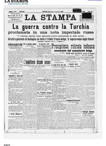 La prima pagina de La Stampa del 4 novembre 1914