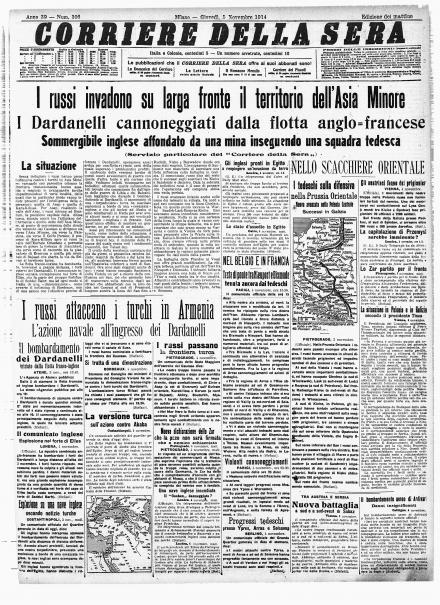 La prima pagina del Corriere della Sera del 5 novembre 1914