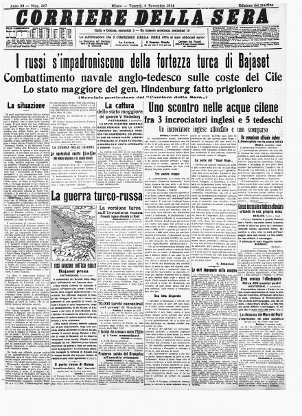 La prima pagina del Corriere della Sera del 6 novembre 1914