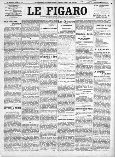 La prima pagina de Le Figaro del 6 novembre 1914