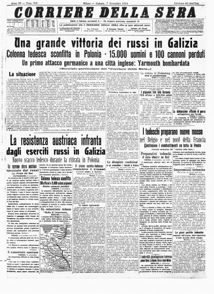 La prima pagina del Corriere della Sera del 7 novembre 1914