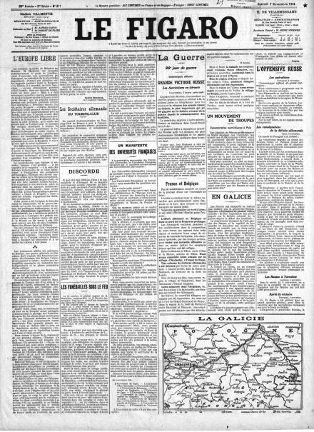 La prima pagina de Le Figaro del 7 novembre 1914