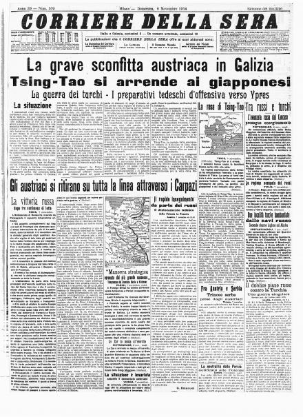 La prima pagina del Corriere della Sera dell'8 novembre 1914