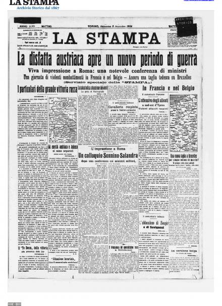 La prima pagina de La Stampa dell'8 novembre 1914