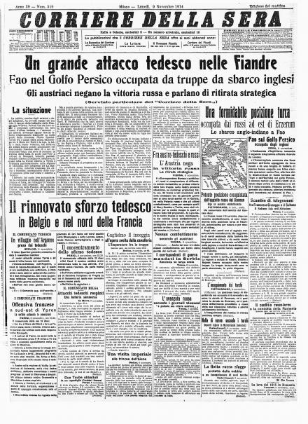 La prima pagina del Corriere della Sera del 9 novembre 1914