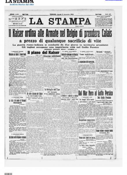 La prima pagina de La Stampa del 9 novembre 1914
