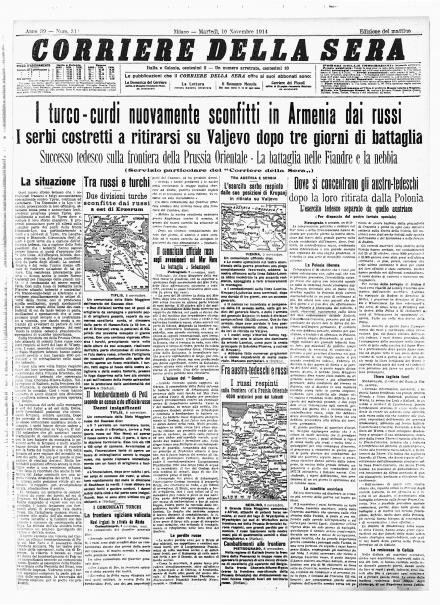 La prima pagina del Corriere della Sera del 10 novembre 1914