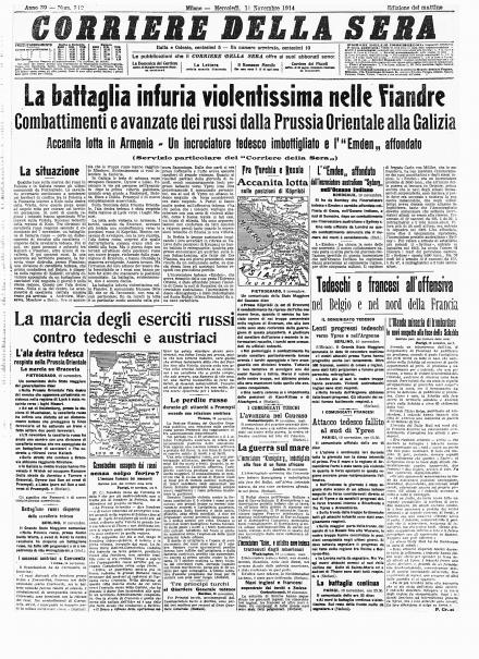 La prima pagina del Corriere della Sera dell'11 novembre 1914