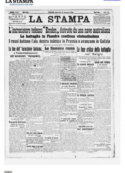 La prima pagina de La Stampa dell'11 novembre 1914