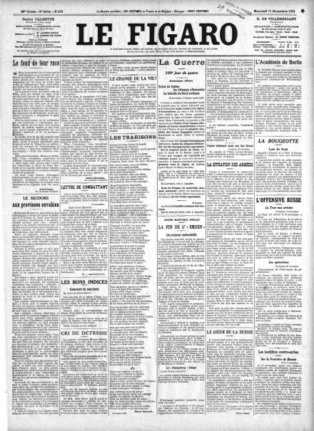 La prima pagina di Le Figaro dell'11 novembre 1914