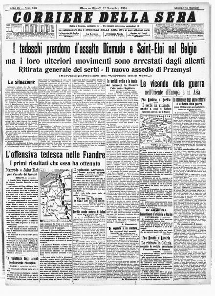 La prima pagina del Corriere della Sera del 12 novembre 1914