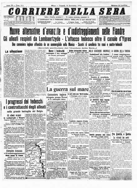 La prima pagina del Corriere della Sera del 13 novembre 1914