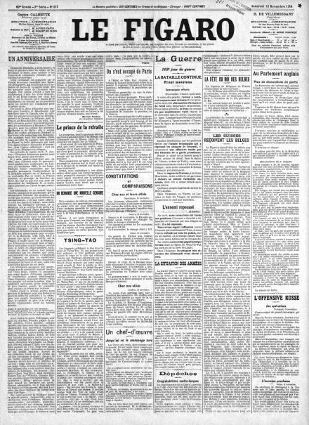 La prima pagina di Le Figaro del 13 novembre 1914