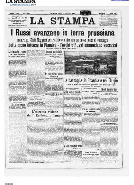 La prima pagina de La Stampa del 14 novembre 1914