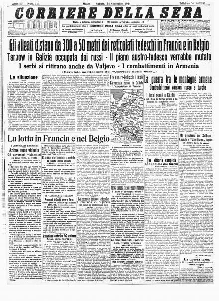 La prima pagina del Corriere della Sera del 14 novembre 1914