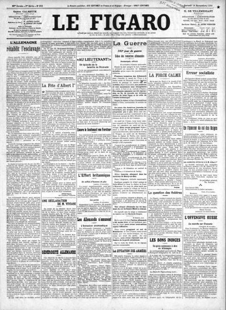 La prima pagina di Le Figaro del 14 novembre 1914