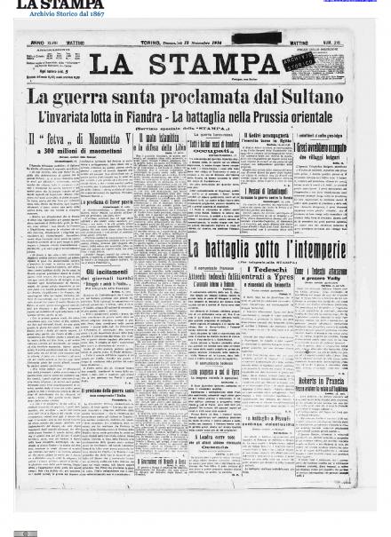 La prima pagina de La Stampa del 15 novembre 1914