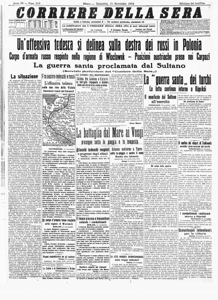 La prima pagina del Corriere della Sera del 15 novembre 1914