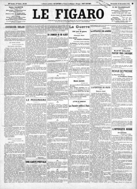 La prima pagina di Le Figaro del 15 novembre 1914