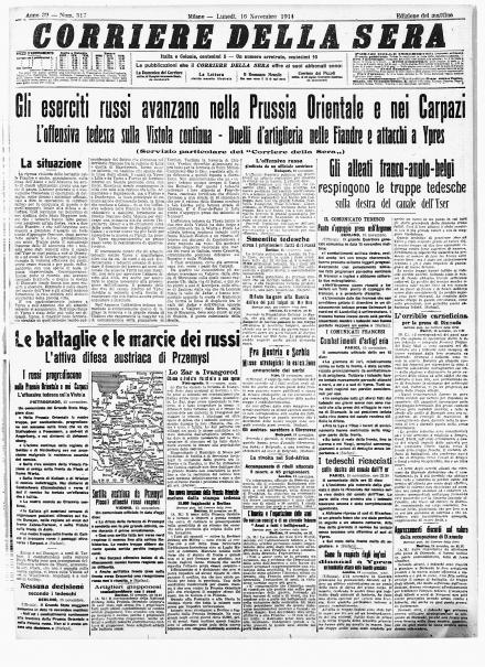 La prima pagina del Corriere della Sera del 16 novembre 1914