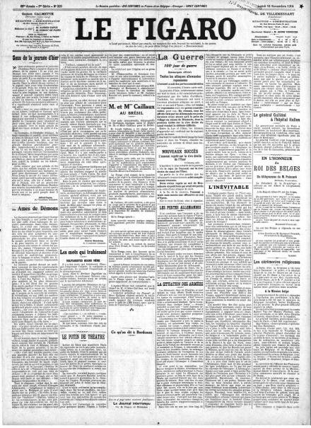 La prima pagina di Le Figaro del 16 novembre 1914