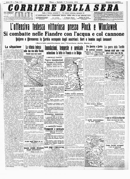 La prima pagina del Corriere della Sera del 17 novembre 1914