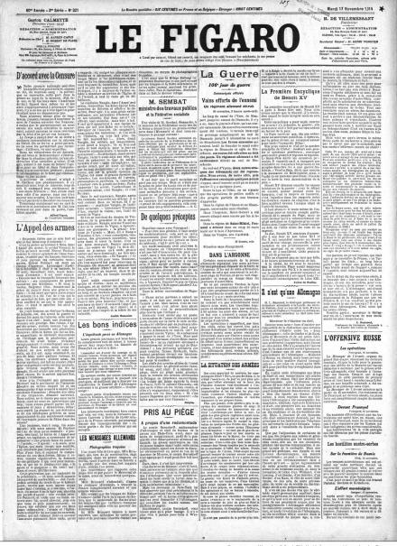La prima pagina di Le Figaro del 17 novembre 1914