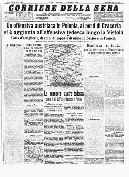 La prima pagina del Corriere della Sera del 18 novembre 1914