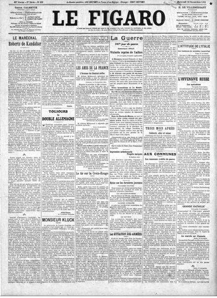 La prima pagina di Le Figaro del 18 novembre 1914