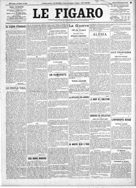 La prima pagina di Le Figaro del 19 novembre 1914.