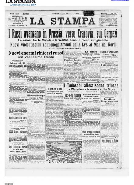 La prima pagina de La Stampa del 20 novembre 1914