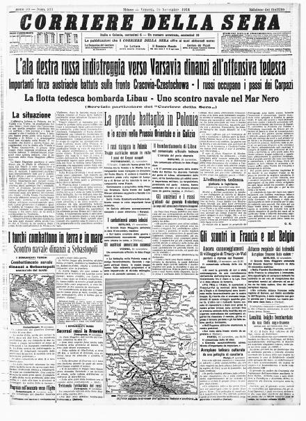 La prima pagina del Corriere della Sera del 20 novembre 1914