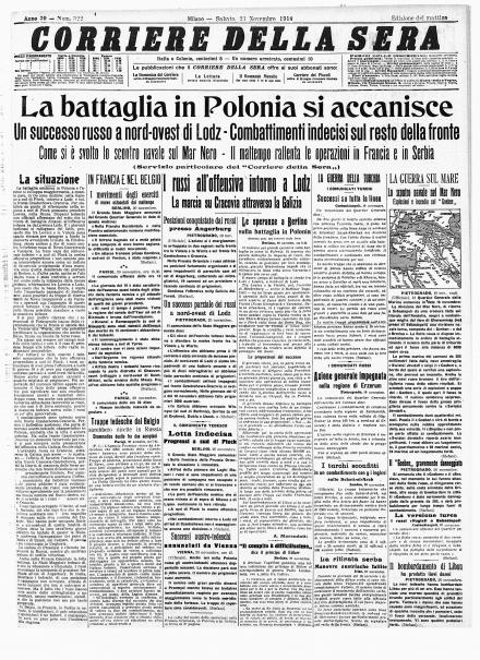 La prima pagina del Corriere della Sera del 21 novembre