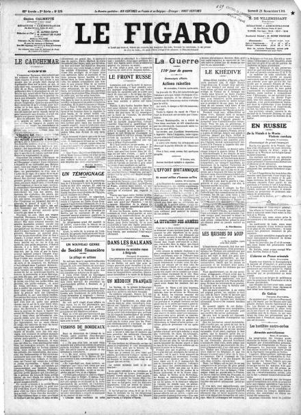 La prima pagina di Le Figaro del 21 novembre 1914