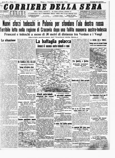 La prima pagina del Corriere della Sera del 22 novembre