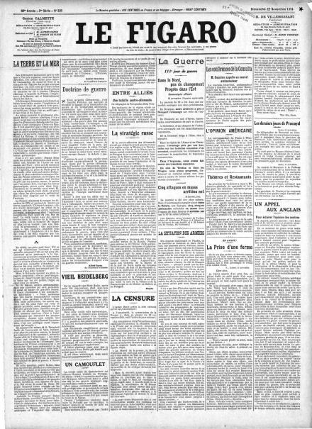La prima pagina di Le Figaro del 22 novembre 1914