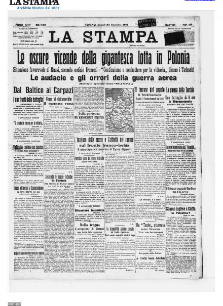 La prima pagina de La Stampa del 23 novembre 1914